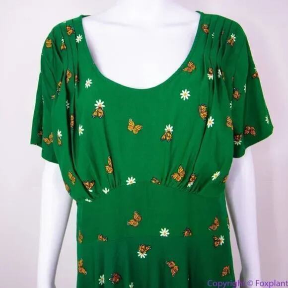 Unique Vintage X GB Butterfly And Daisy Flowers Green Dress, size L - Picture 4 of 16